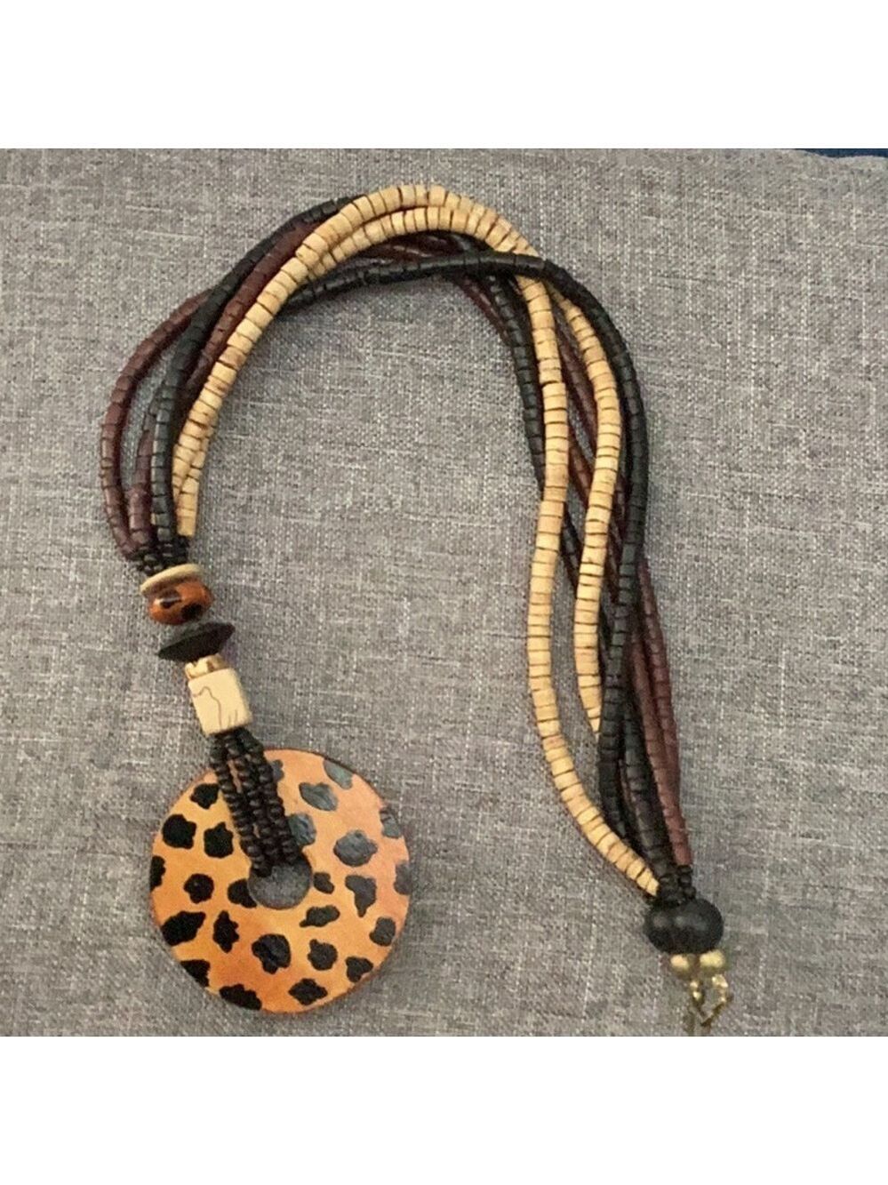 Leopard Print Wooden Beads and Disc Pendant Necklace 34” 1289
